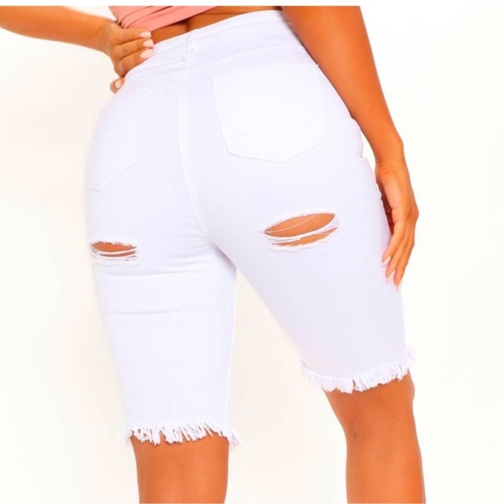 New Fashion Nova Small Asking For Trouble Bermuda Denim Bike Shorts Destructed - Picture 2 of 6